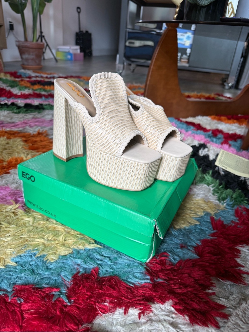 EGO Cream Woven Platform Mule Heels